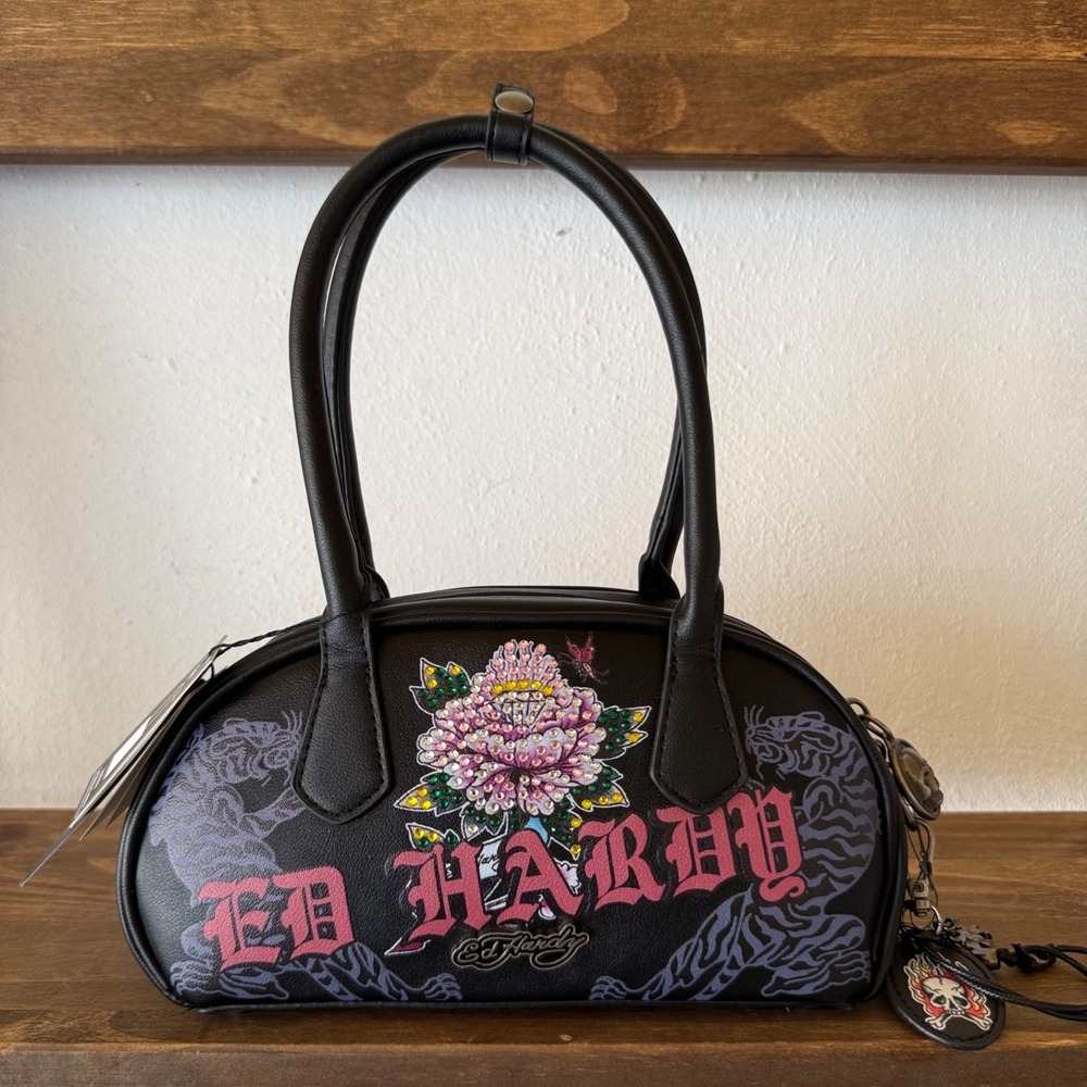 Ed Hardy Mini Bowler Bag Black Rose Rhinestone Tattoo Y2K Purse NWT Charm